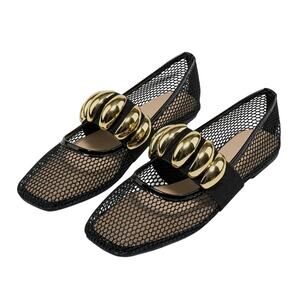 Mary Jane Mesh Ballet Flats - Black Mesh w/ Gold - Size: 9 (EU 40)